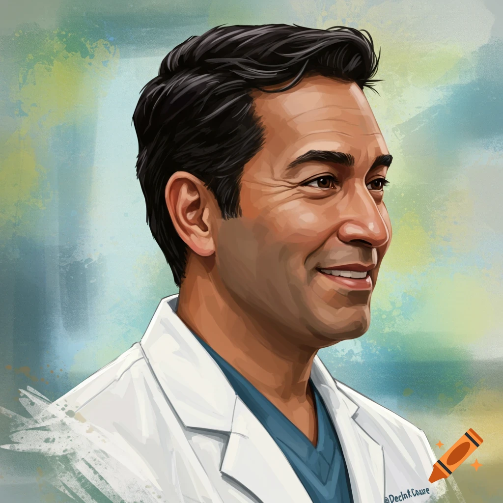 A stylized portrait of a smiling male doctor in a white lab coat, looking to the right.