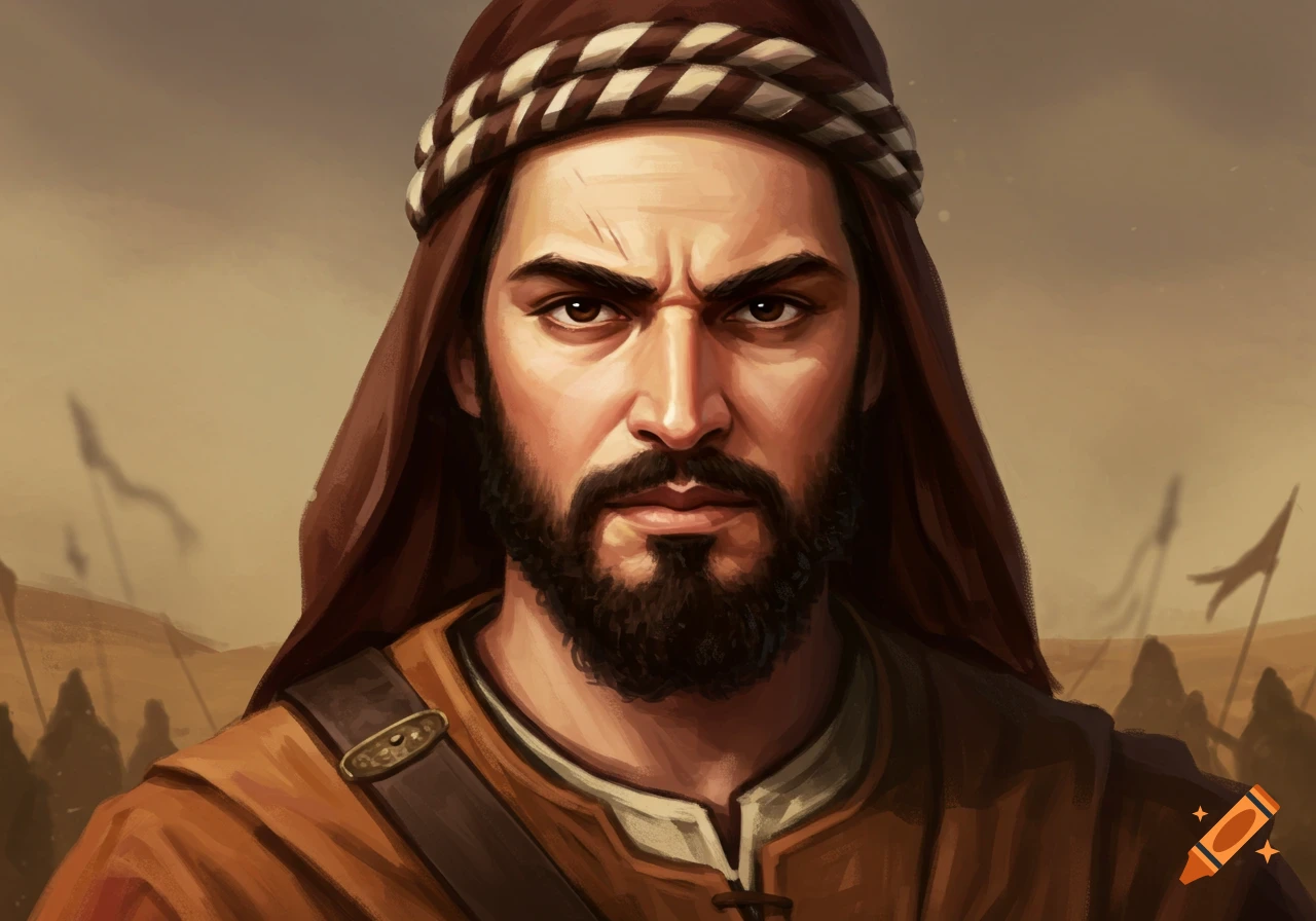 A digital painting of a stern-looking bearded man in brown robes and a headwrap, with a desert battle scene in the background.
