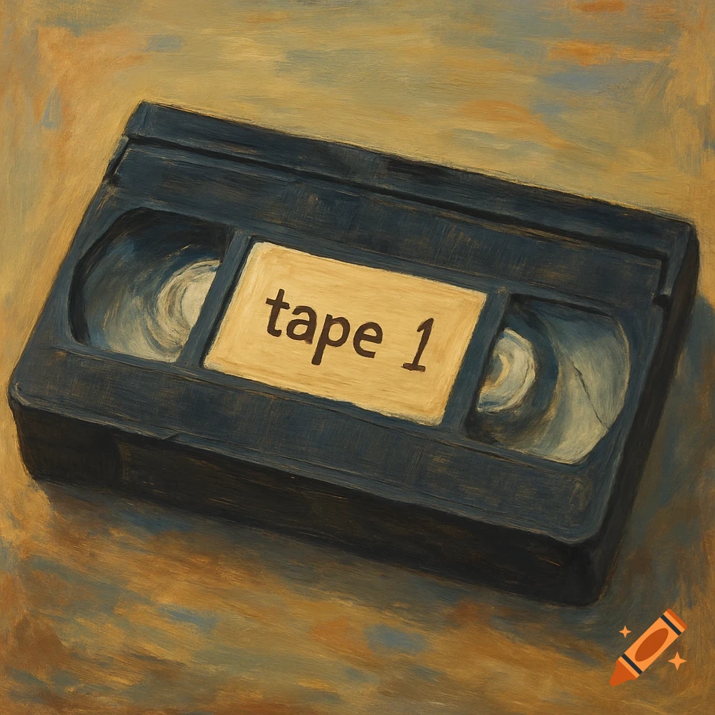 A dark VHS tape with a beige label that reads 'tape 1' in a painterly style, set against a warm, textured background.