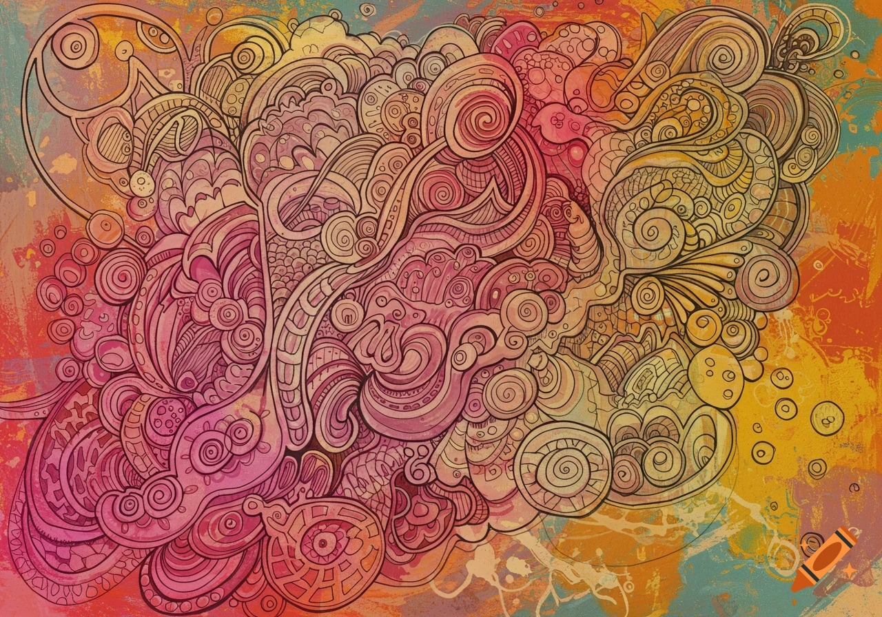 Vibrant abstract line art with intricate swirls and patterns in pink, orange, yellow, and blue tones.