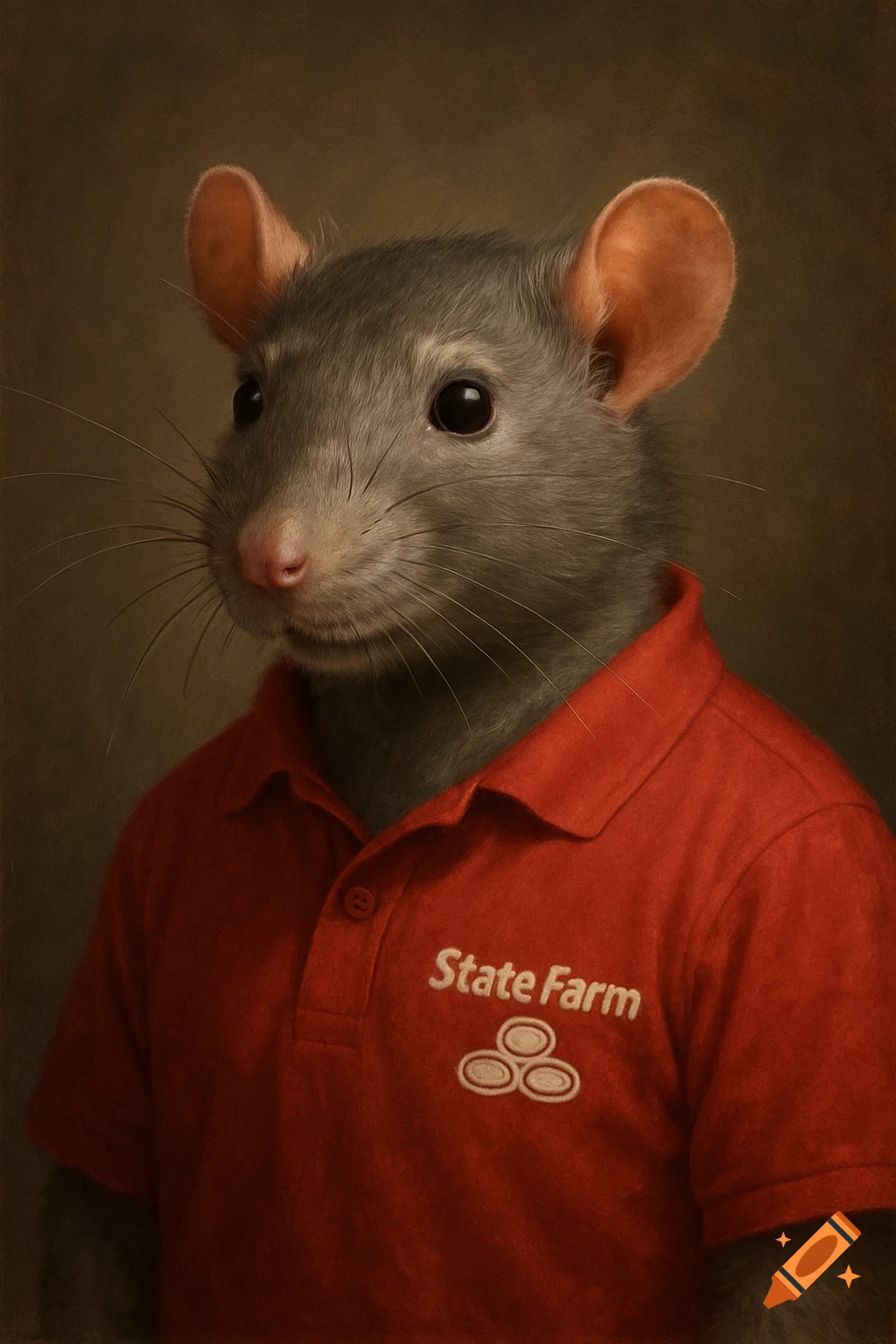Close-up portrait of a realistic grey rat wearing a red polo shirt with the 'State Farm' logo.