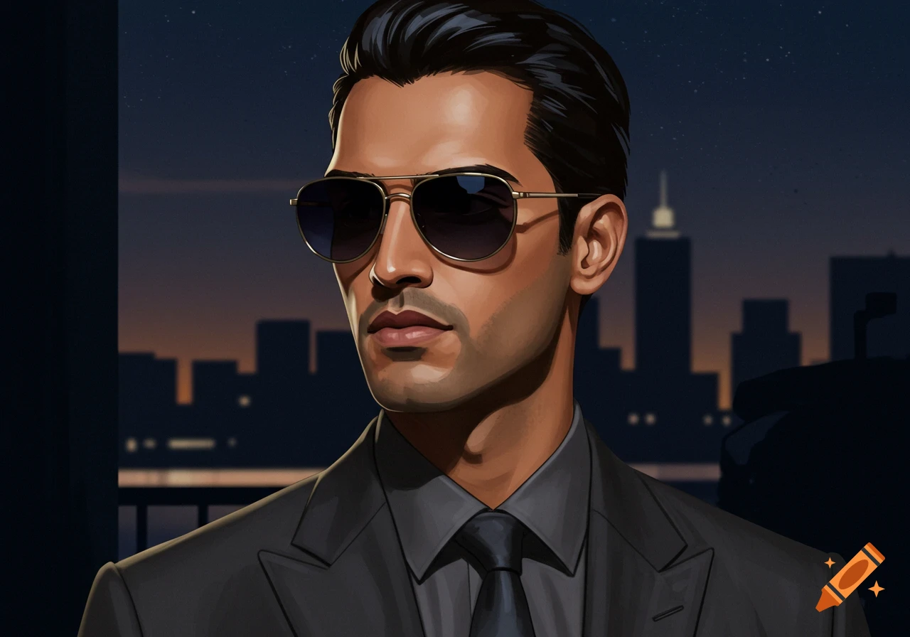 A stylized illustration of a man in a dark suit and sunglasses, with a blurry nighttime city skyline behind him.