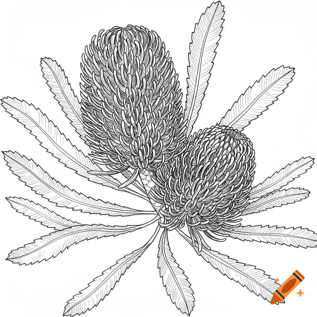 Black and white line drawing of two banksia flowers with textured heads and serrated leaves on a white background.