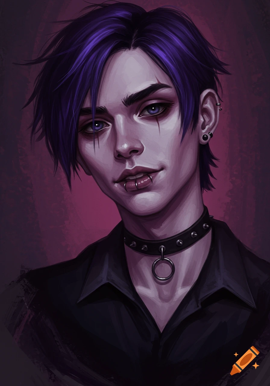 A digital painting of a young person with purple hair, dark makeup, and lip piercings, wearing a studded choker and a black shirt, against a dark pink background.