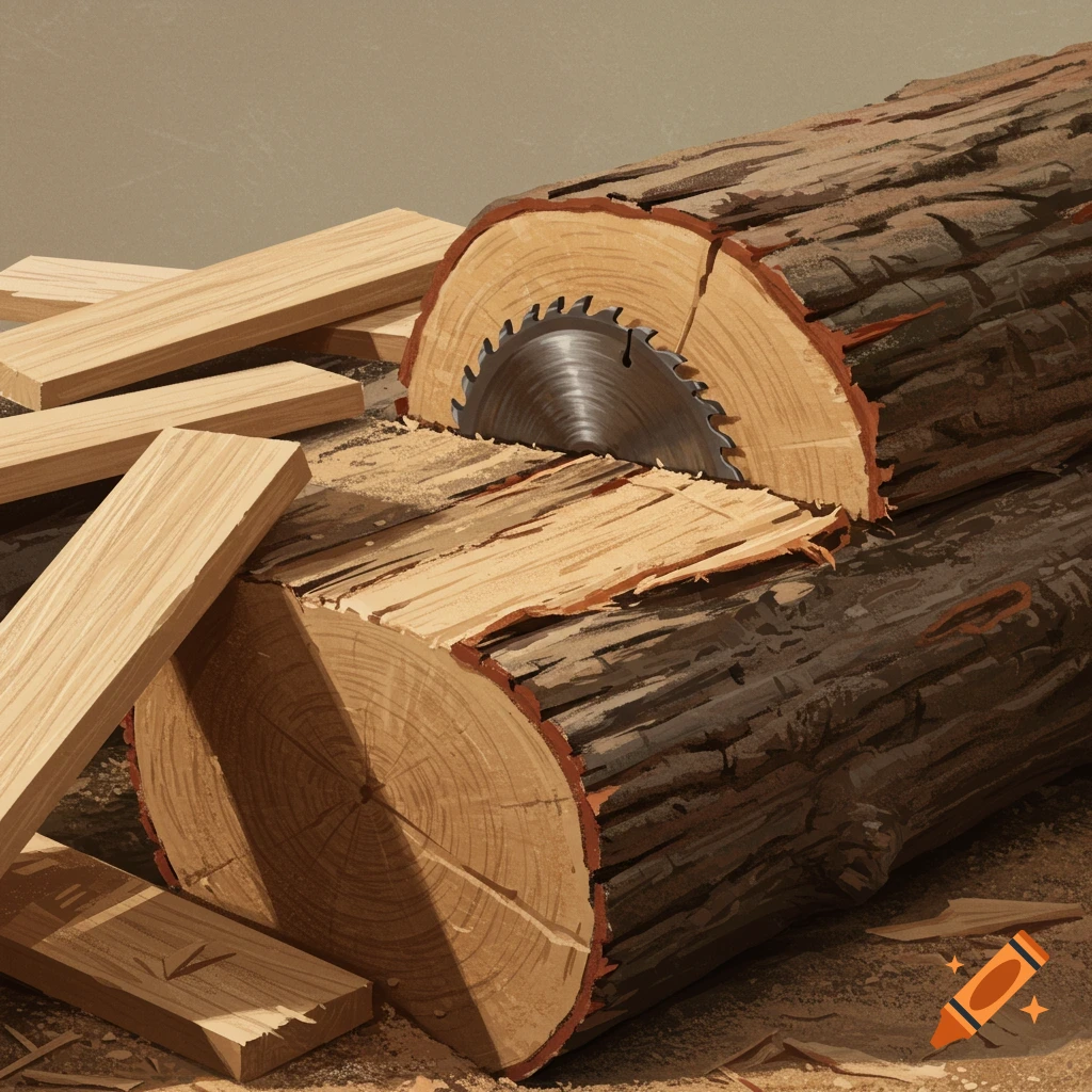 A close-up view of a large log being cut by a circular saw, with wooden planks next to it.