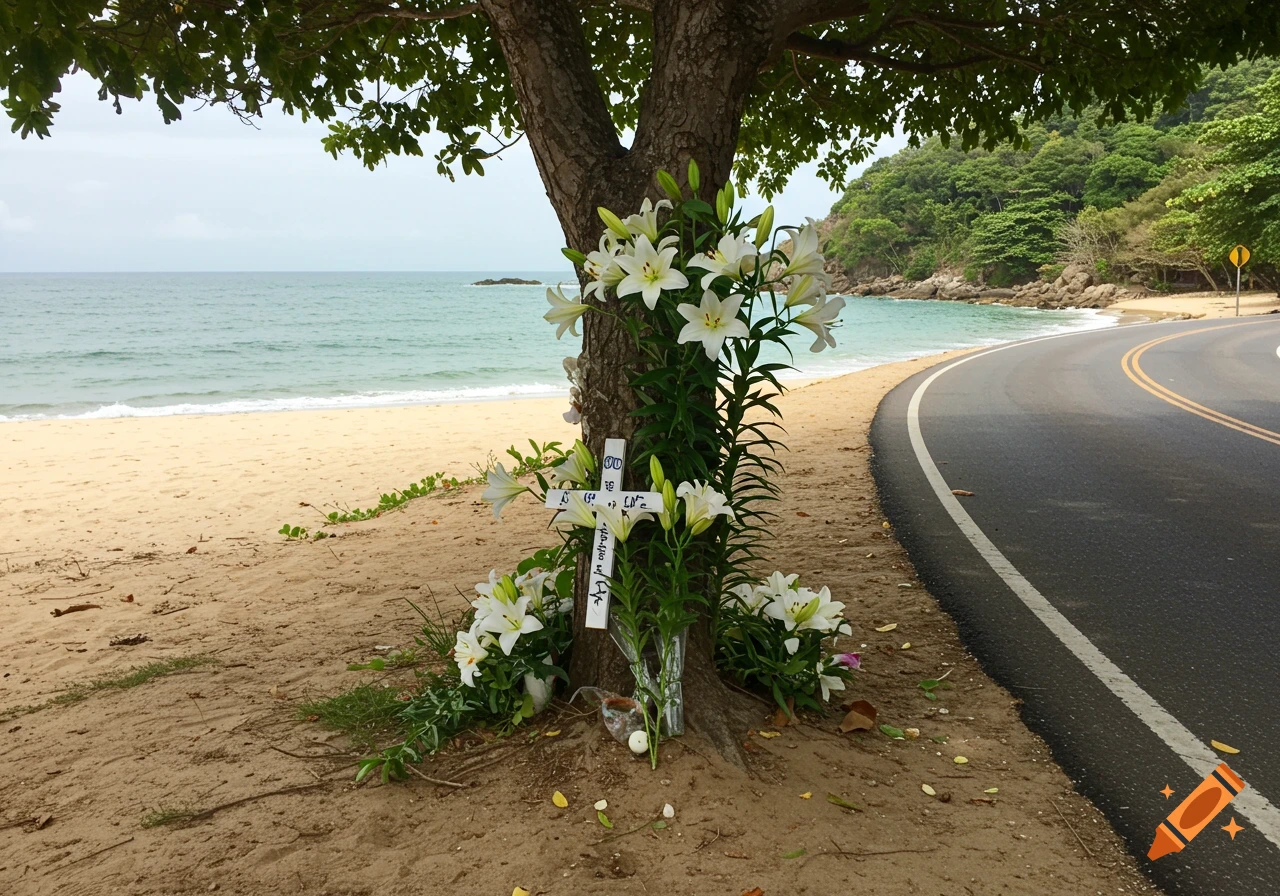 A memorial of white lilies and a cross tied to a tree on a sandy beach next to a curving road.