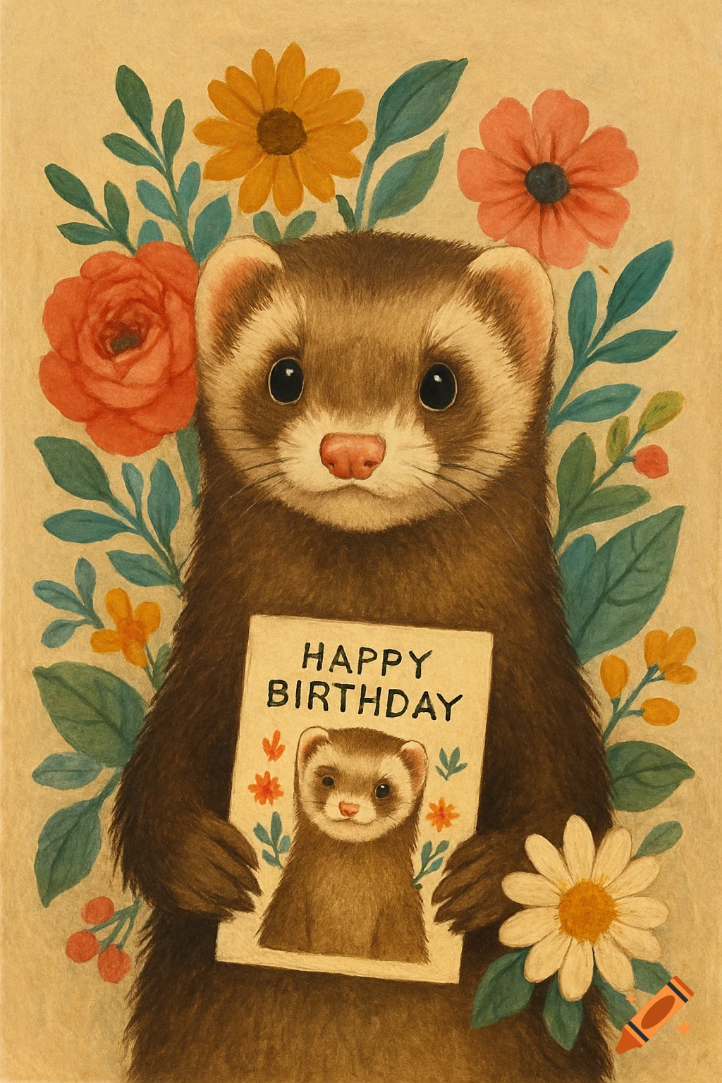 A cute illustrated ferret holds a birthday card with 'HAPPY BIRTHDAY' text, surrounded by colorful flowers.