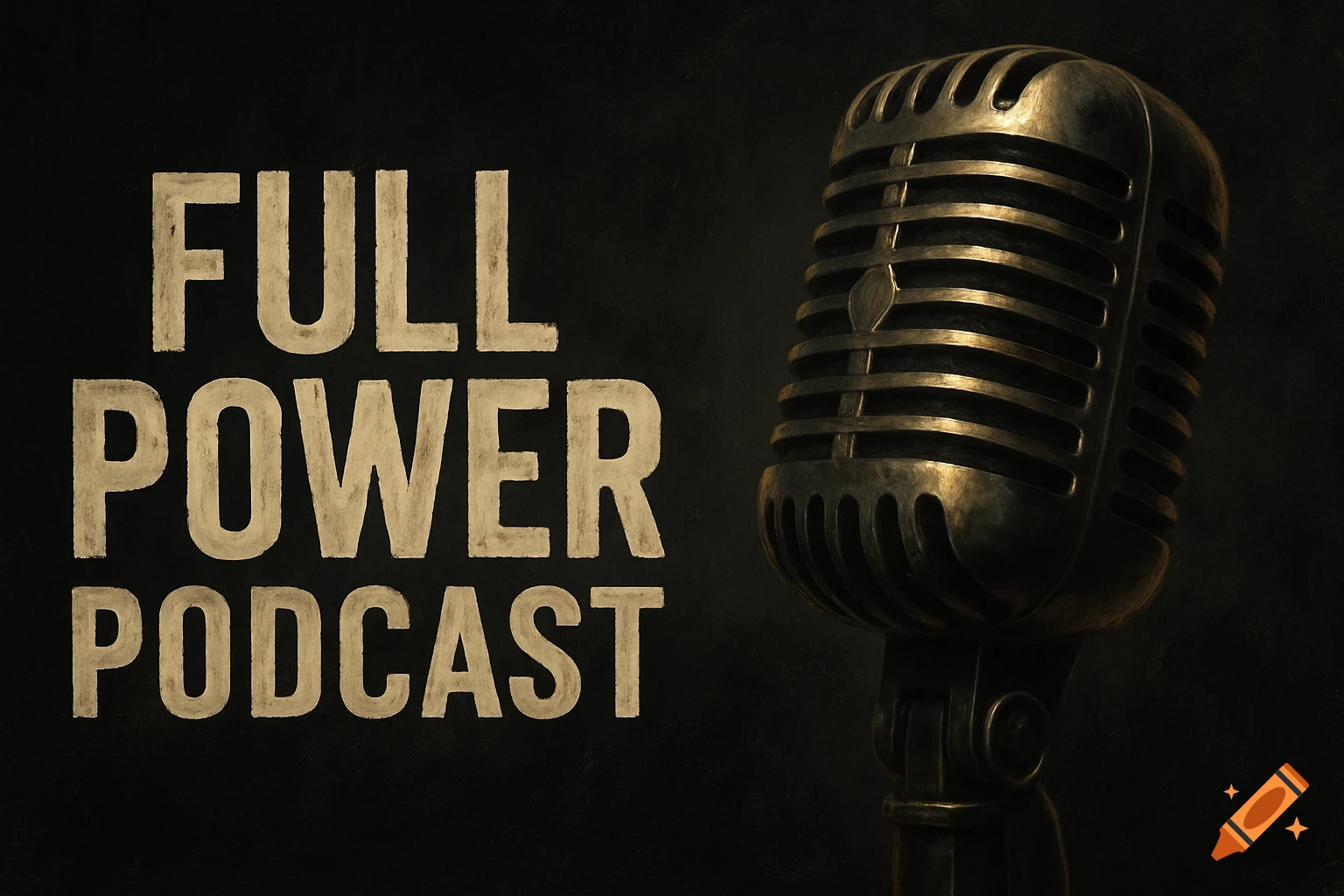 A vintage microphone next to 'FULL POWER PODCAST' text on a dark background.