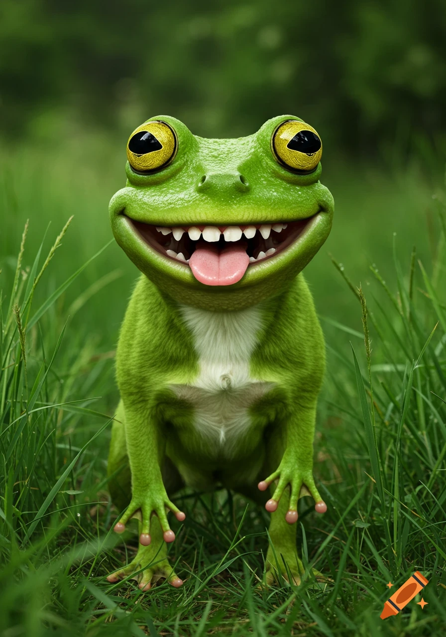 A cheerful, cartoonish green frog with large yellow eyes and a wide, toothy smile sticks out its tongue, sitting in green grass.