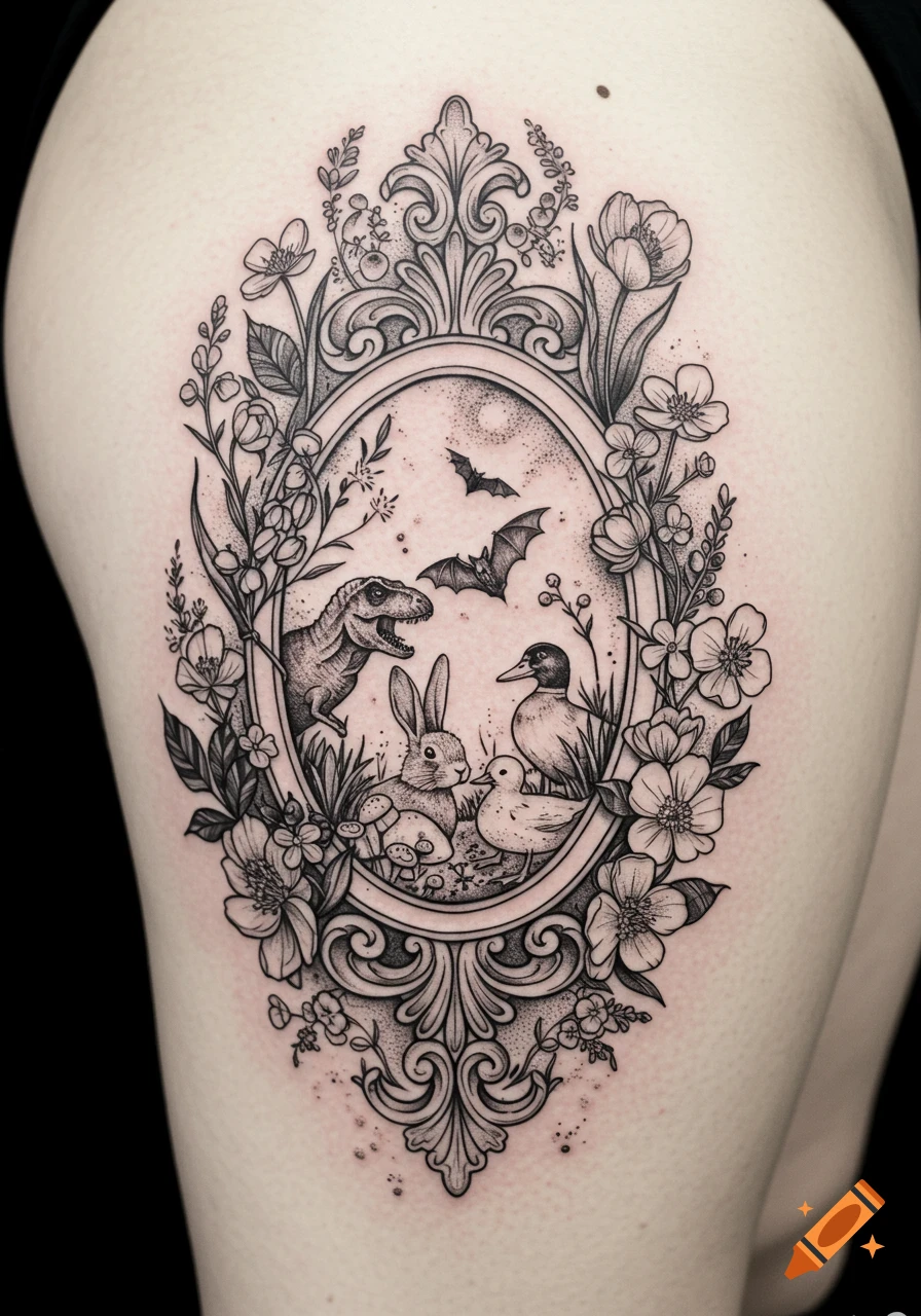 Detailed black and white tattoo of a vintage floral frame enclosing a T-Rex, bunny, two bats, and two ducks.