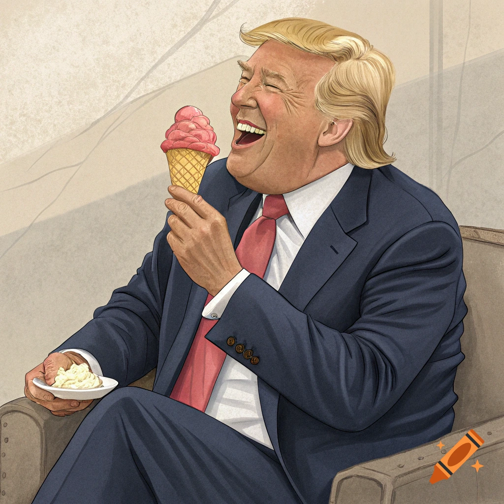 Illustration of Donald Trump laughing while eating a pink ice cream cone.