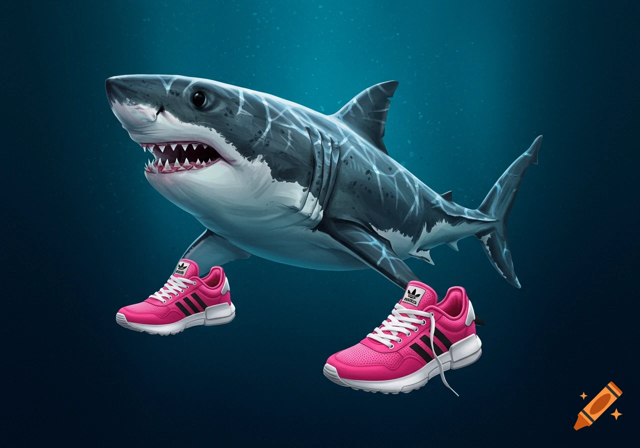 A stylized great white shark swims underwater, comically wearing two bright pink running shoes.
