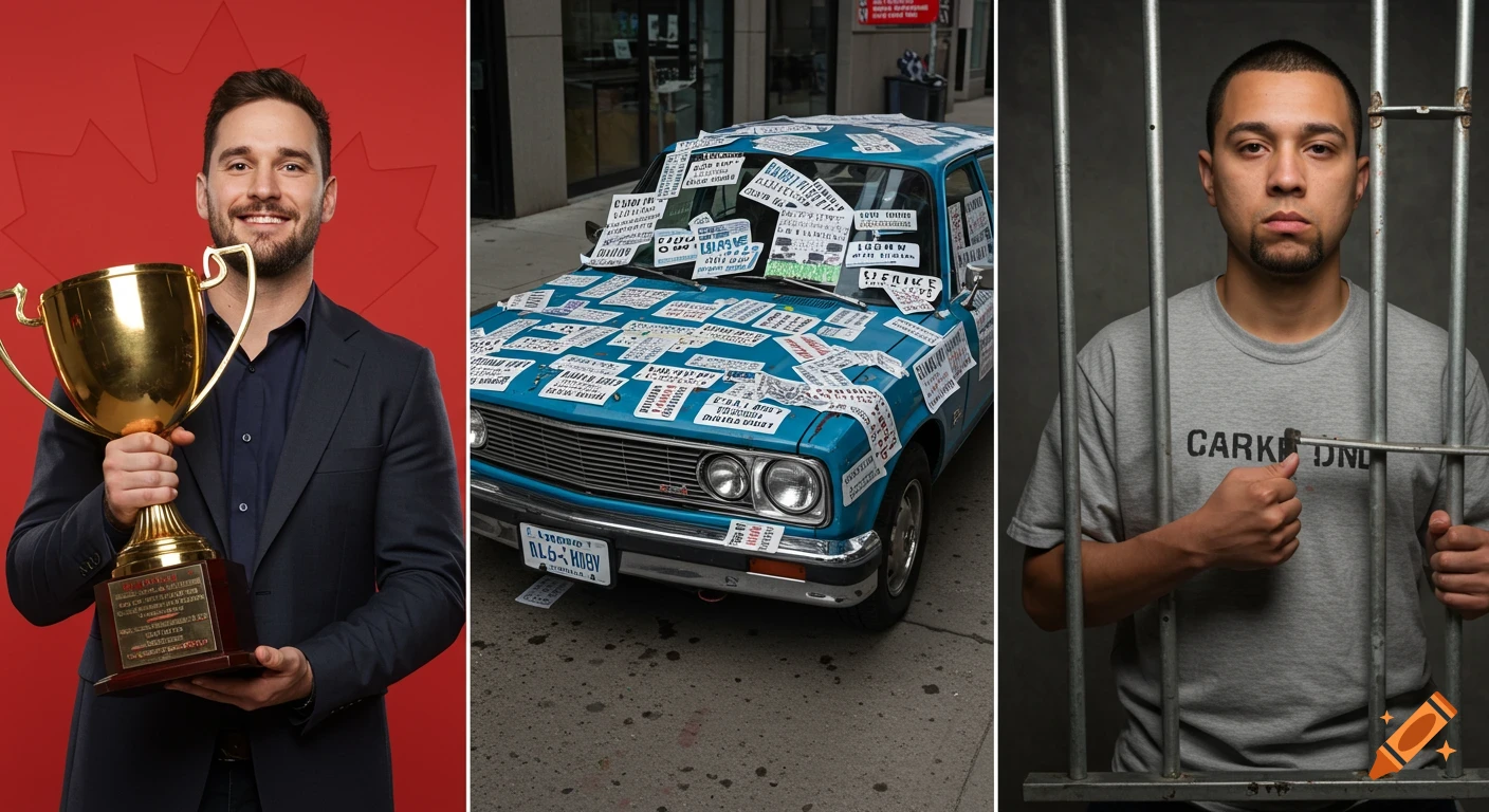 A triptych of a man holding a trophy, a blue car covered in papers, and a man behind jail bars.