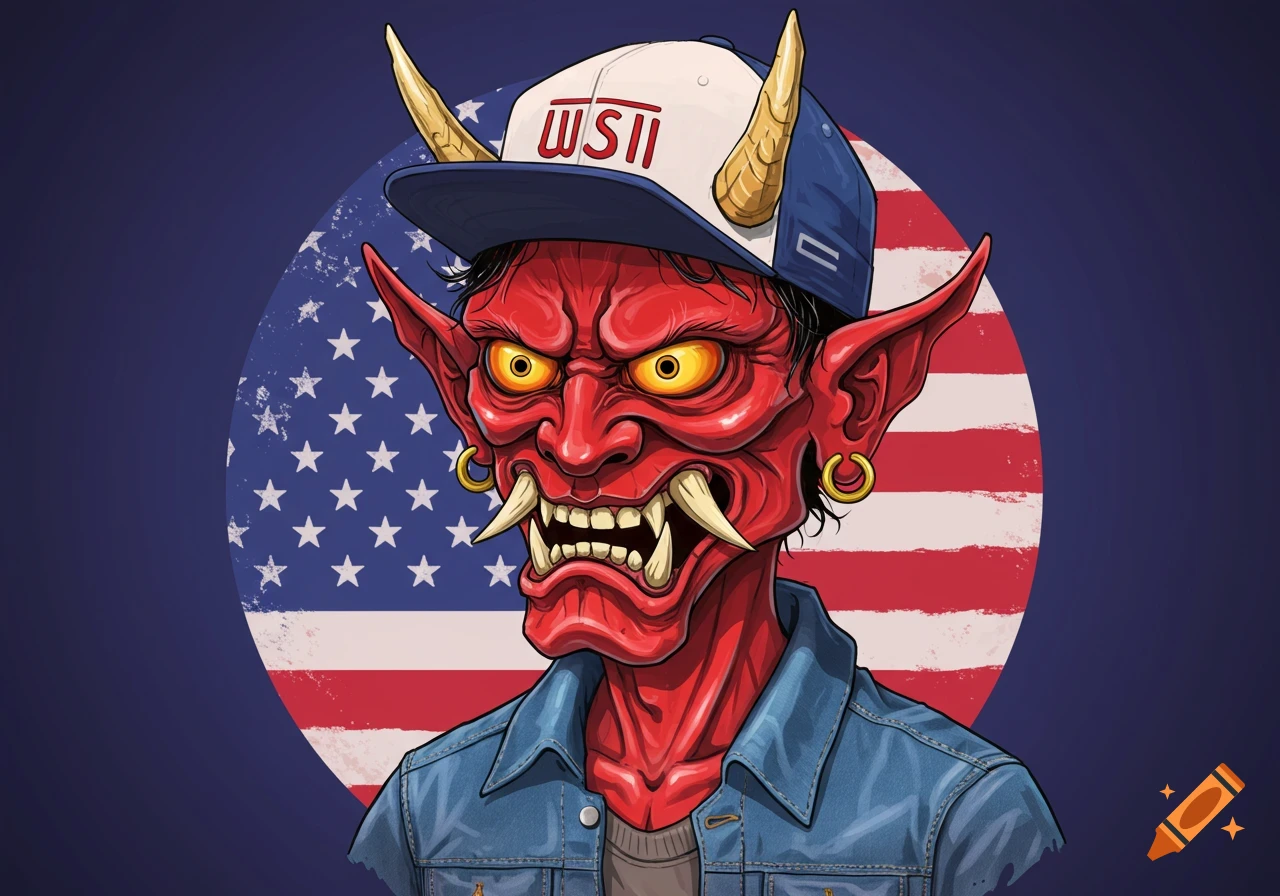 An illustrative portrait of a red-skinned Oni wearing a baseball cap and denim jacket, against a circular American flag.