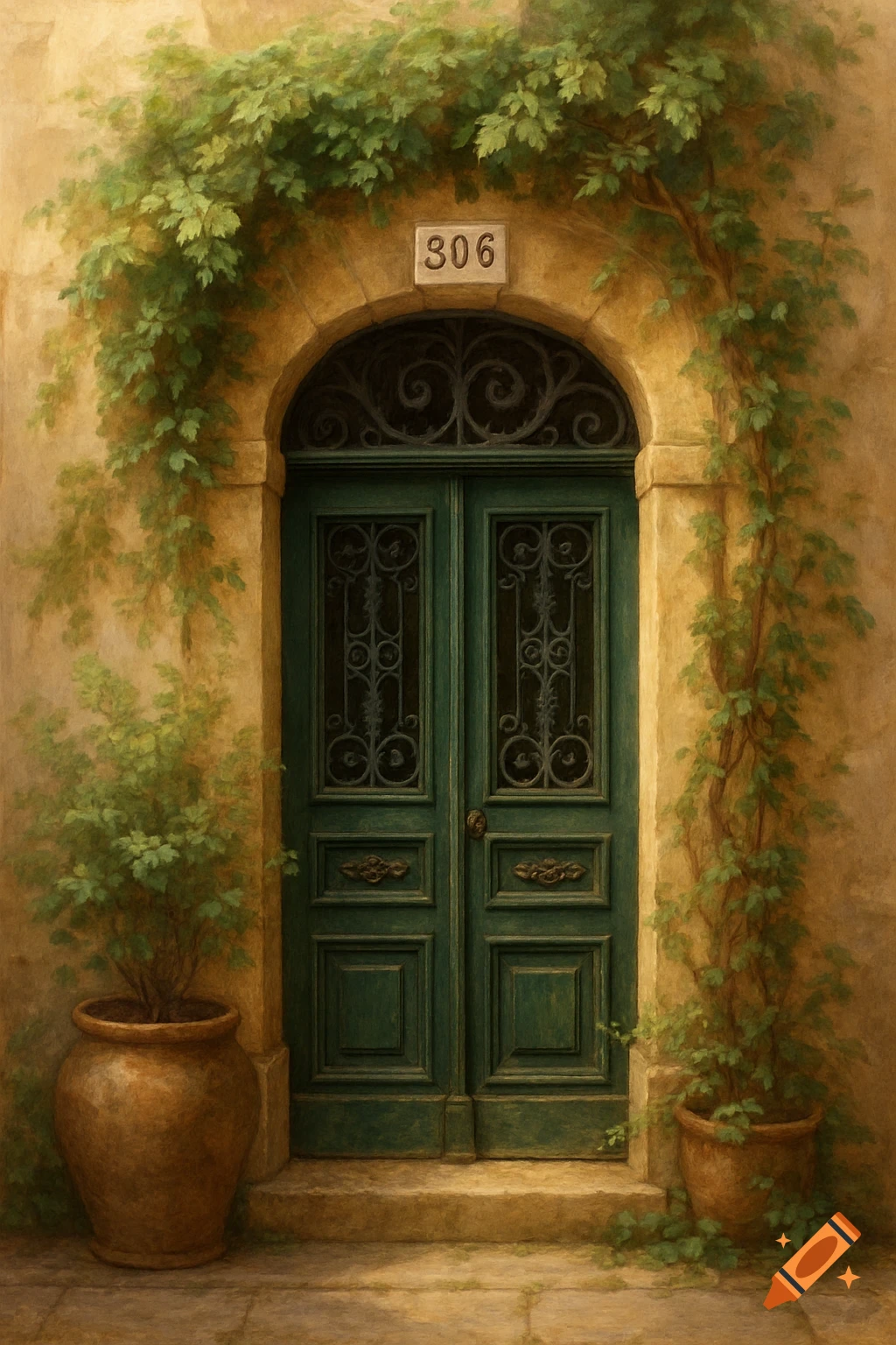 An arched green doorway with ornate wrought iron and a '306' plaque, surrounded by climbing ivy and potted plants on a stone building.