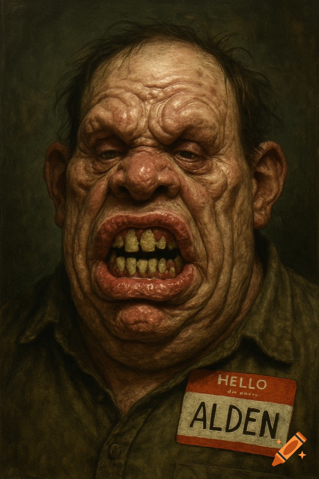 Close-up portrait of a man with extreme grotesque facial features, wearing a shirt with a 'HELLO my name is ALDEN' sticker name tag.