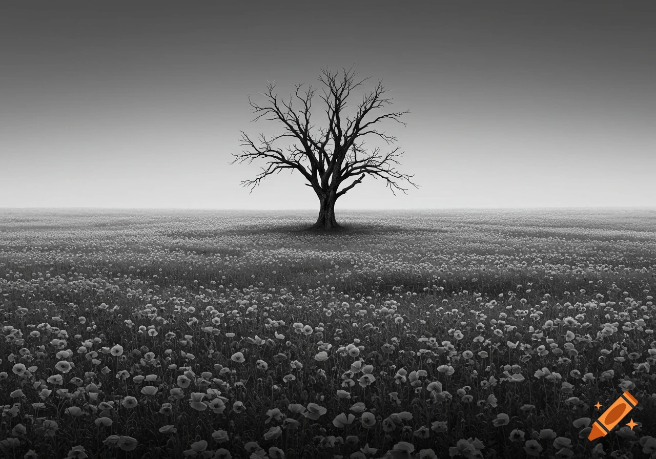 A grayscale image of a bare tree standing in a field of poppies under a clear sky.