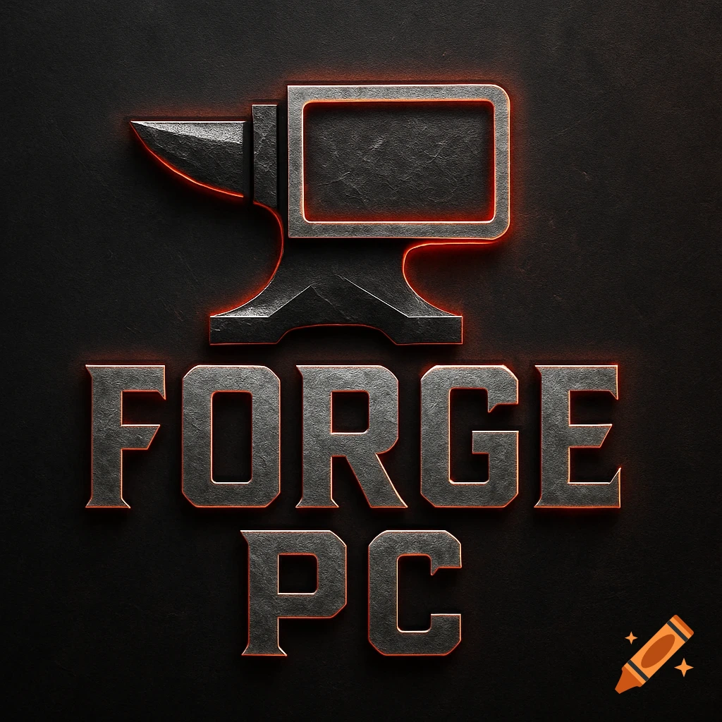 A stylized dark metallic anvil logo above the words "FORGE PC" in a similar metallic font with a glowing red outline, all against a dark textured background.