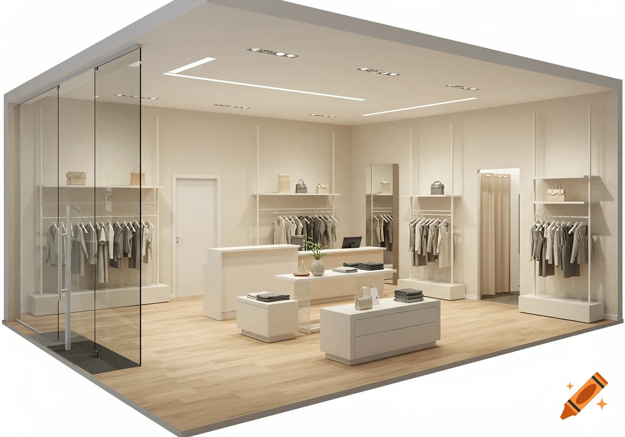 Modern minimalist clothing store interior with light wood floors, white walls, glass entrance, racks, shelves, and a reception counter.