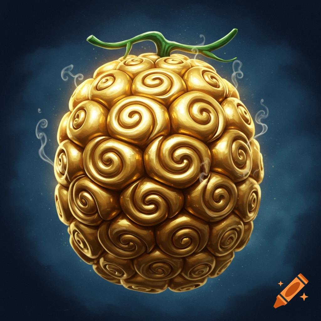 A golden fruit with intricate swirls and a green stem, against a dark blue background with wisps of smoke.