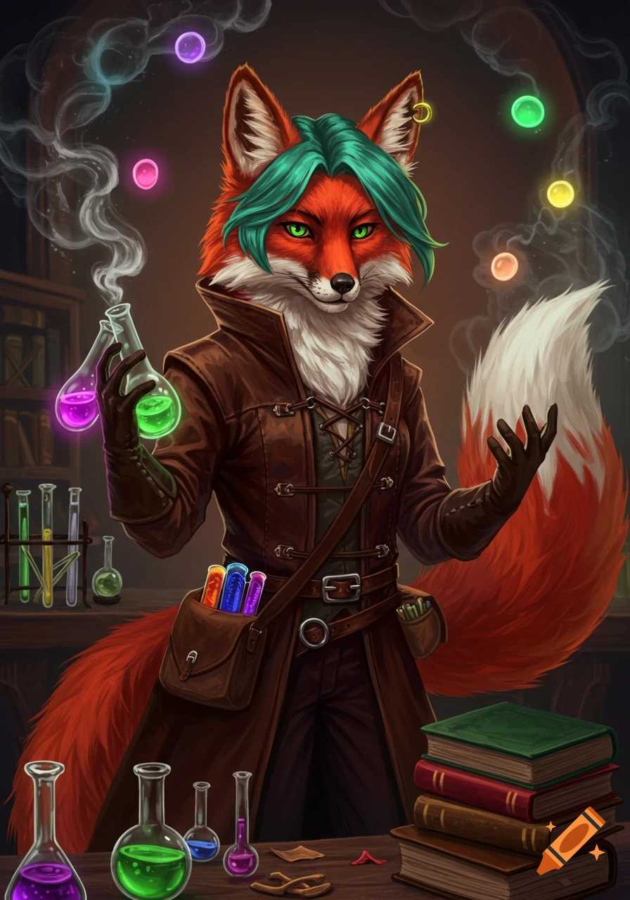 An anthropomorphic fox alchemist with green hair holds glowing flasks in a dimly lit laboratory with colorful potions and books.
