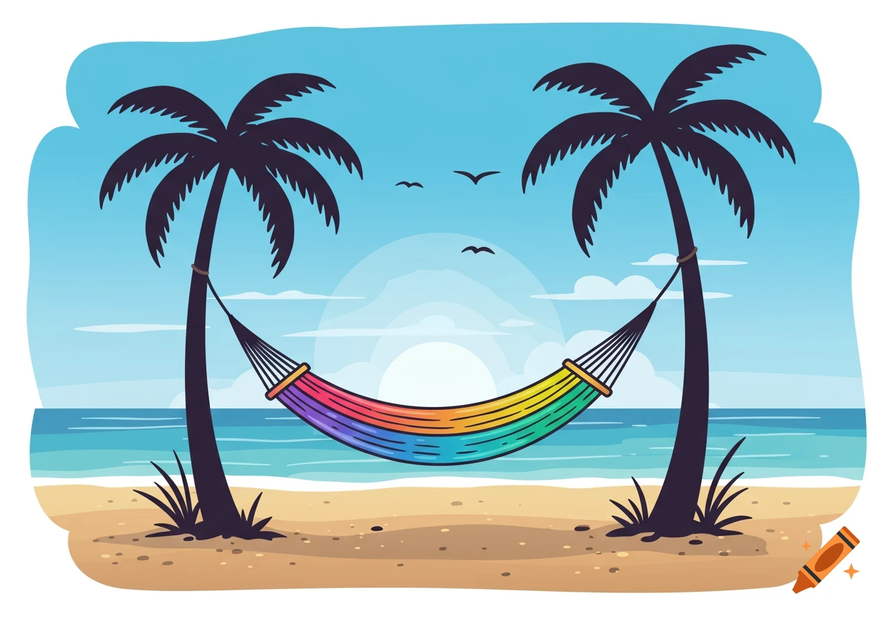 A colorful rainbow hammock strung between two palm trees on a sandy beach with the ocean and sunset in the background, in a stylized illustration.