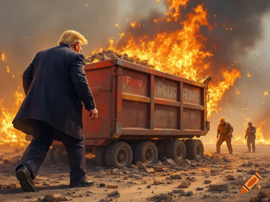 Man resembling Donald Trump walks from a burning dumpster filled with rubble, with two workers in a smoky, fiery landscape.