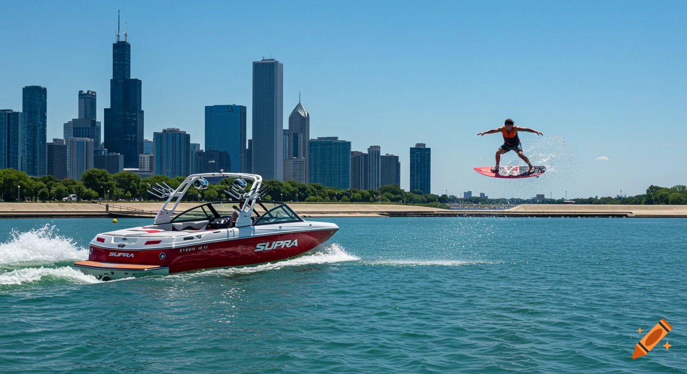 A wakeboarder jumps behind a red and white Supra boat on a lake with the Chicago skyline in the background.