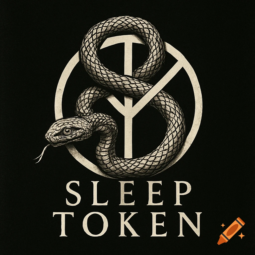 A black and white illustration of a snake coiling around a symbol with the text 'SLEEP TOKEN' below.