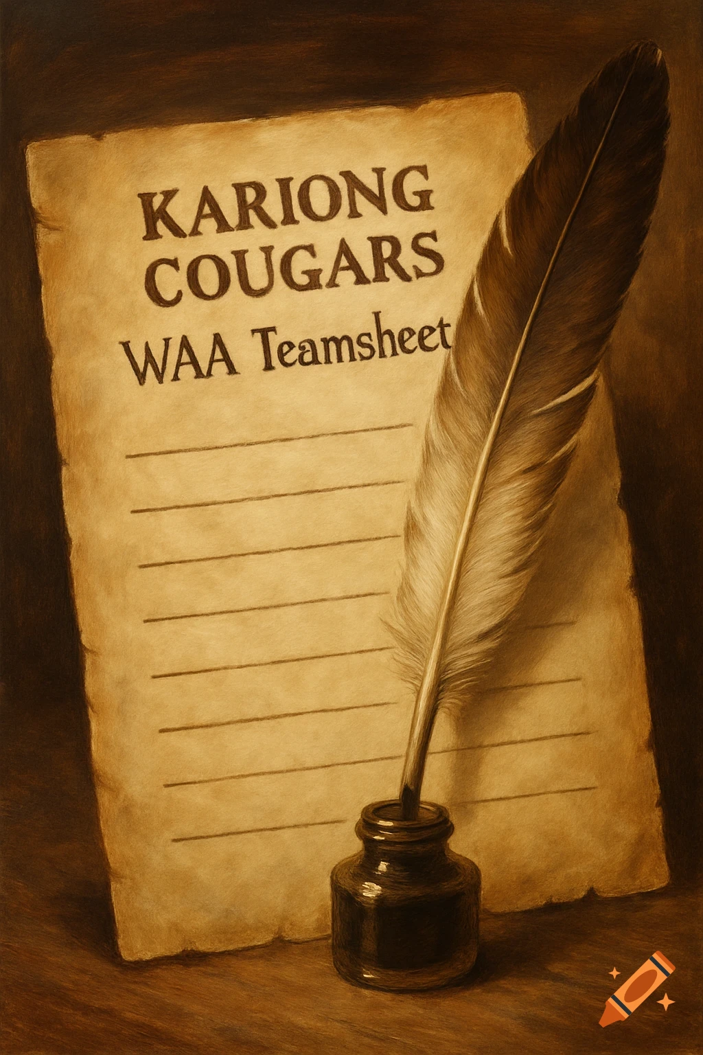 A sepia-toned painting of a feather quill and inkwell next to a parchment paper titled 'Kariong Cougars WAA Teamsheet'.