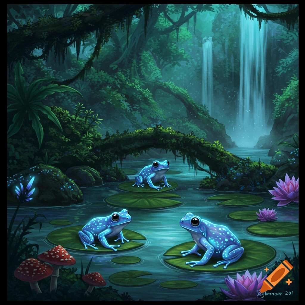 Three glowing blue frogs sit on lily pads in a dark, lush fantasy forest with a waterfall and glowing plants.
