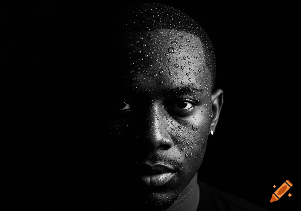 Close-up black and white portrait of a man's face covered in water droplets with a dark background.