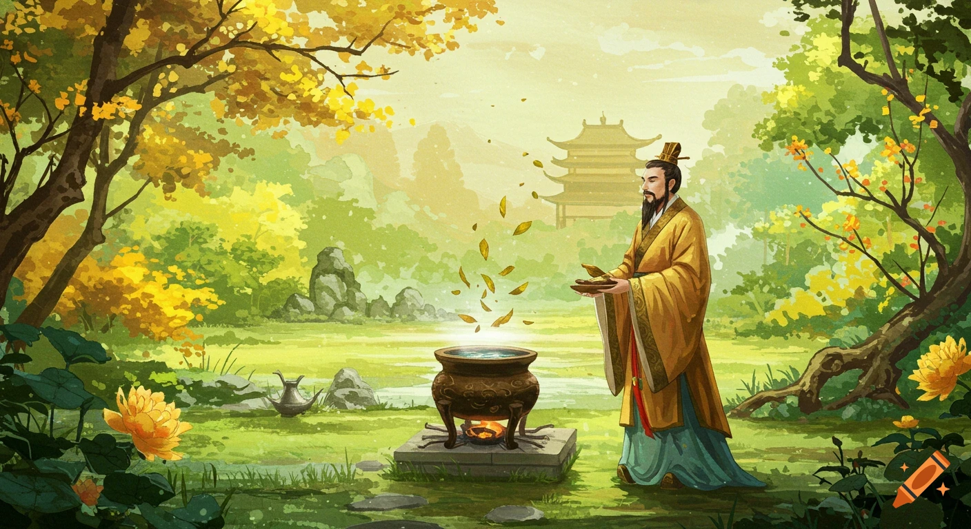 Watercolor illustration of Emperor Shen Nong in traditional robes in a vibrant garden, observing leaves falling into a pot over fire.