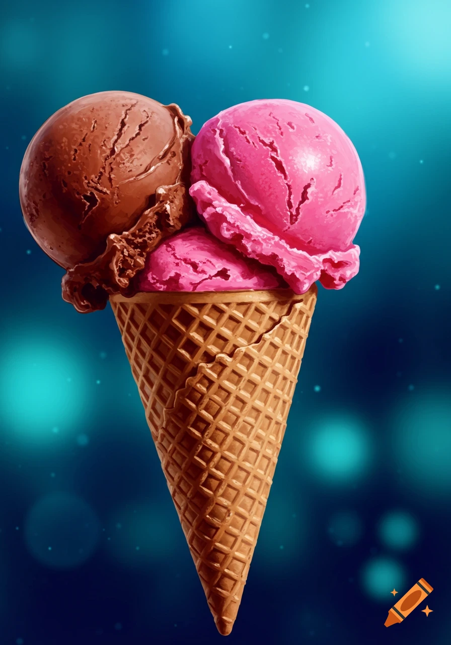 A close-up of a two-scoop ice cream cone with chocolate and strawberry flavors against a blurry teal and dark blue background.