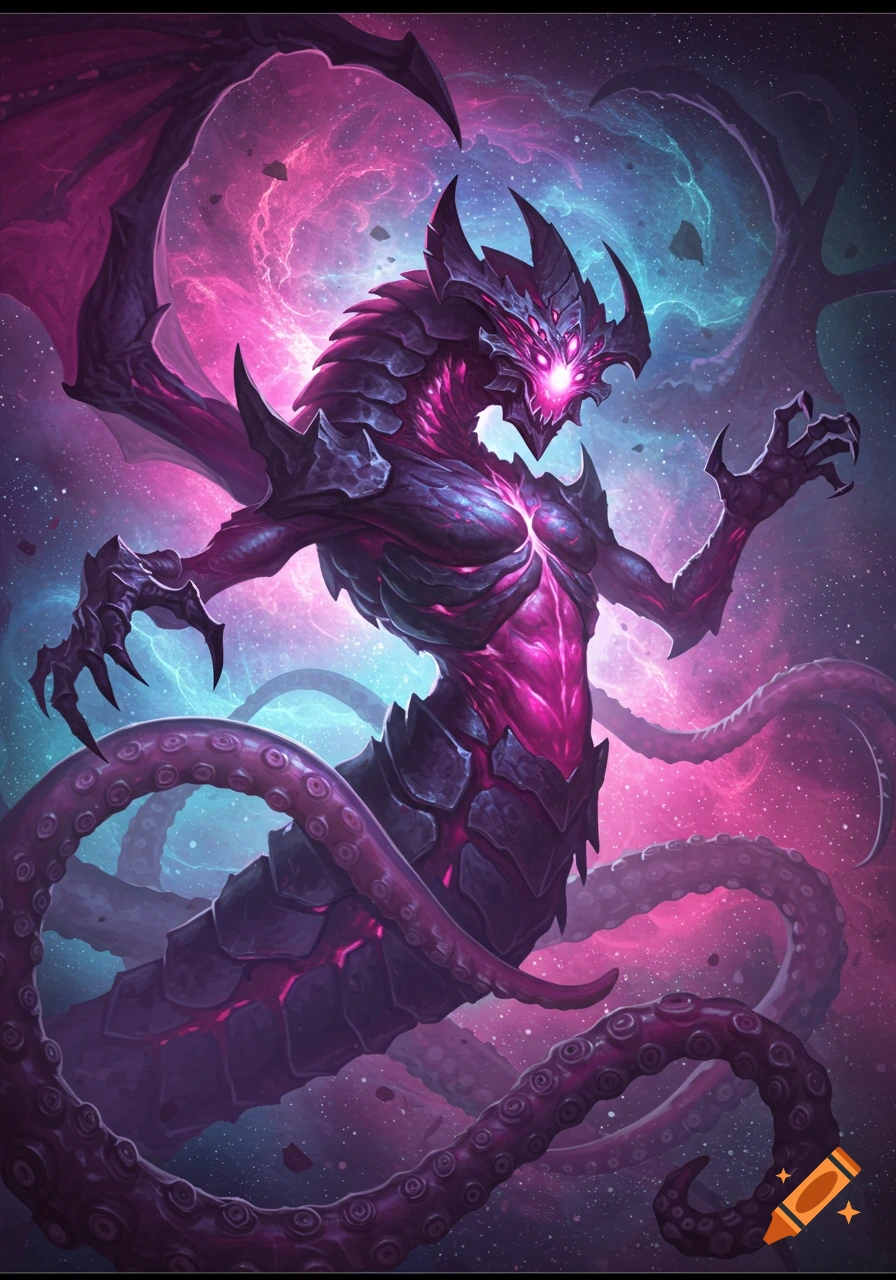 A terrifying, armored cosmic monster with multiple glowing eyes, large wings, and tentacles emerging from a vibrant nebula.