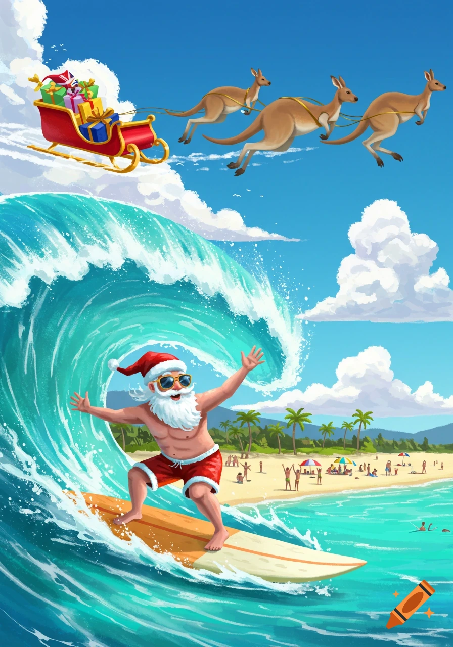 Surfing Santa Claus on a large wave with kangaroos flying a sleigh in the sunny sky above a crowded beach.