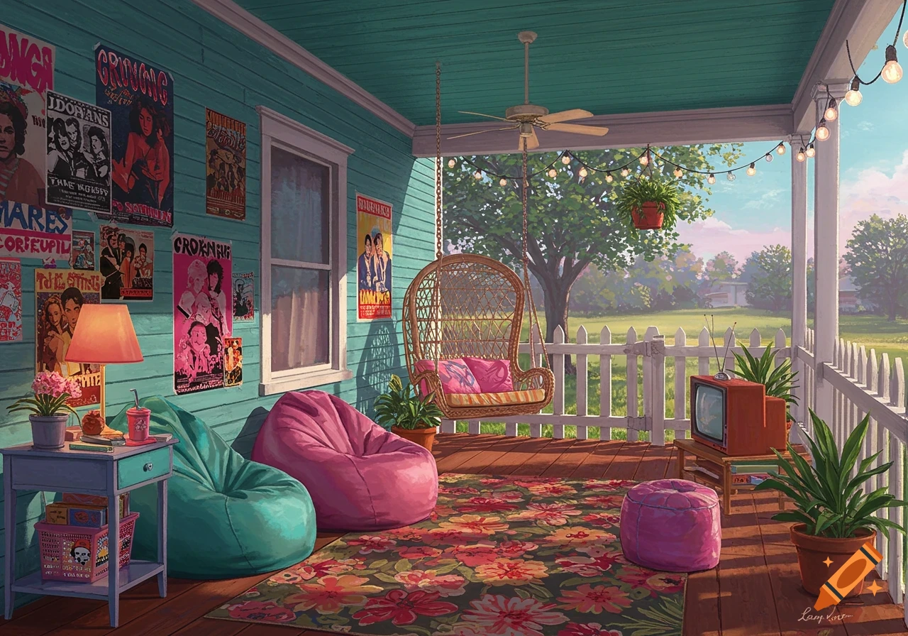 A colorful, cozy 90s-style porch with bean bags, a swing chair, posters on a teal wall, and string lights.