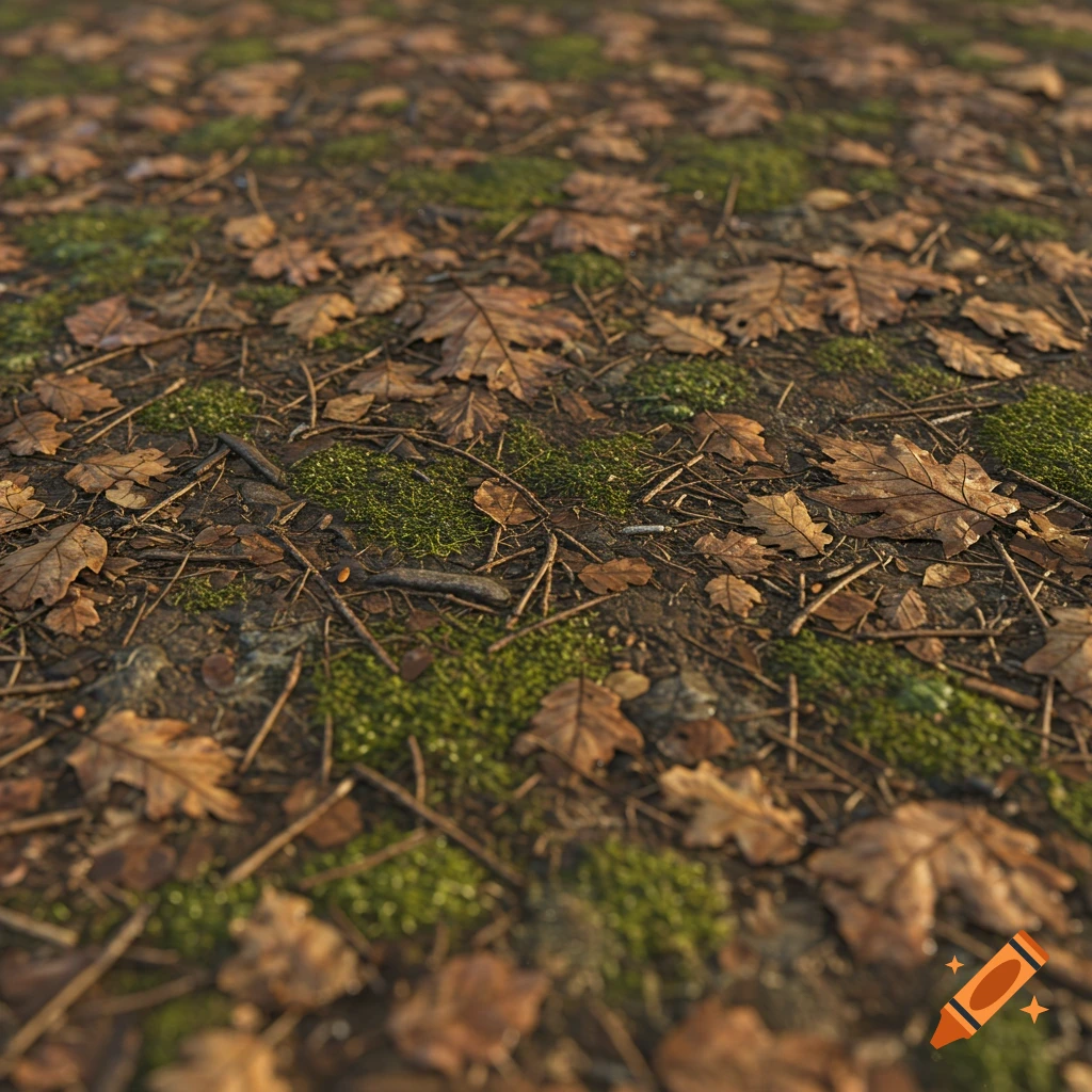 Close-up photorealistic view of a forest floor covered in autumn leaves, twigs, and green moss.