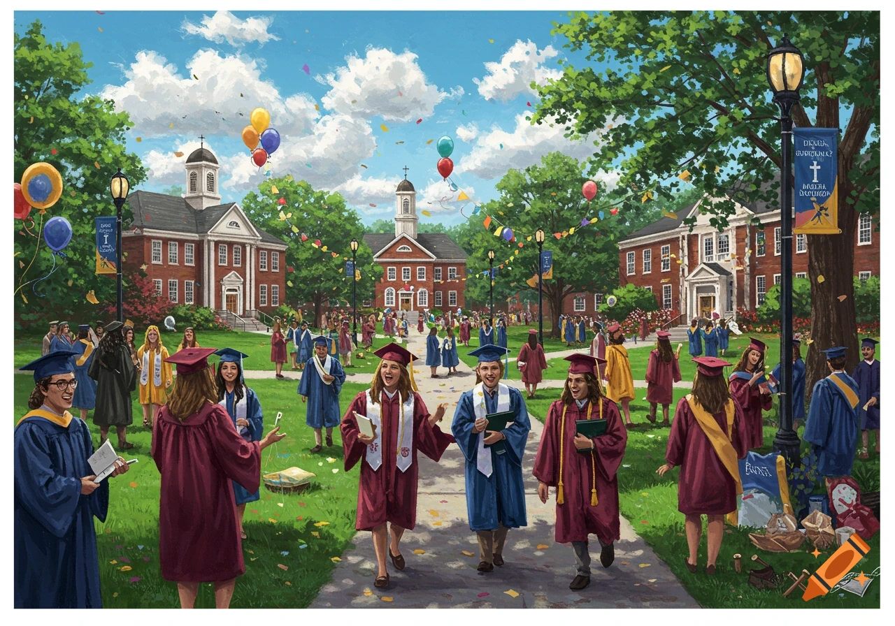 An illustration of a university campus on graduation day, showing many students in caps and gowns celebrating amidst buildings and trees.
