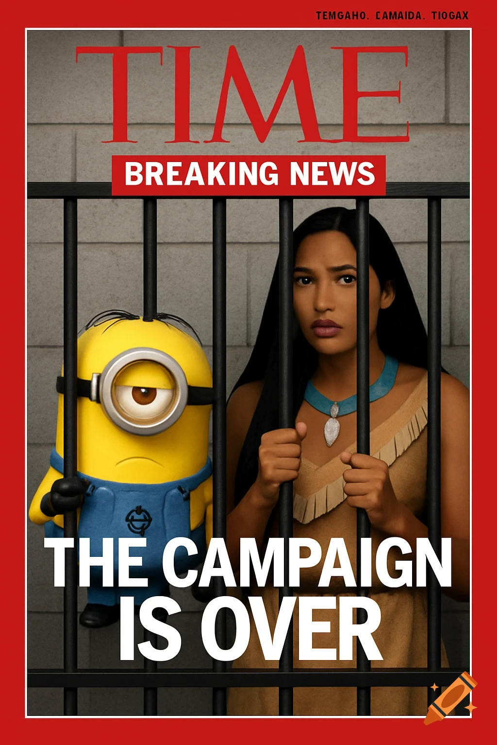 A fake TIME magazine cover featuring a Minion and Pocahontas behind prison bars. The headline reads "THE CAMPAIGN IS OVER."