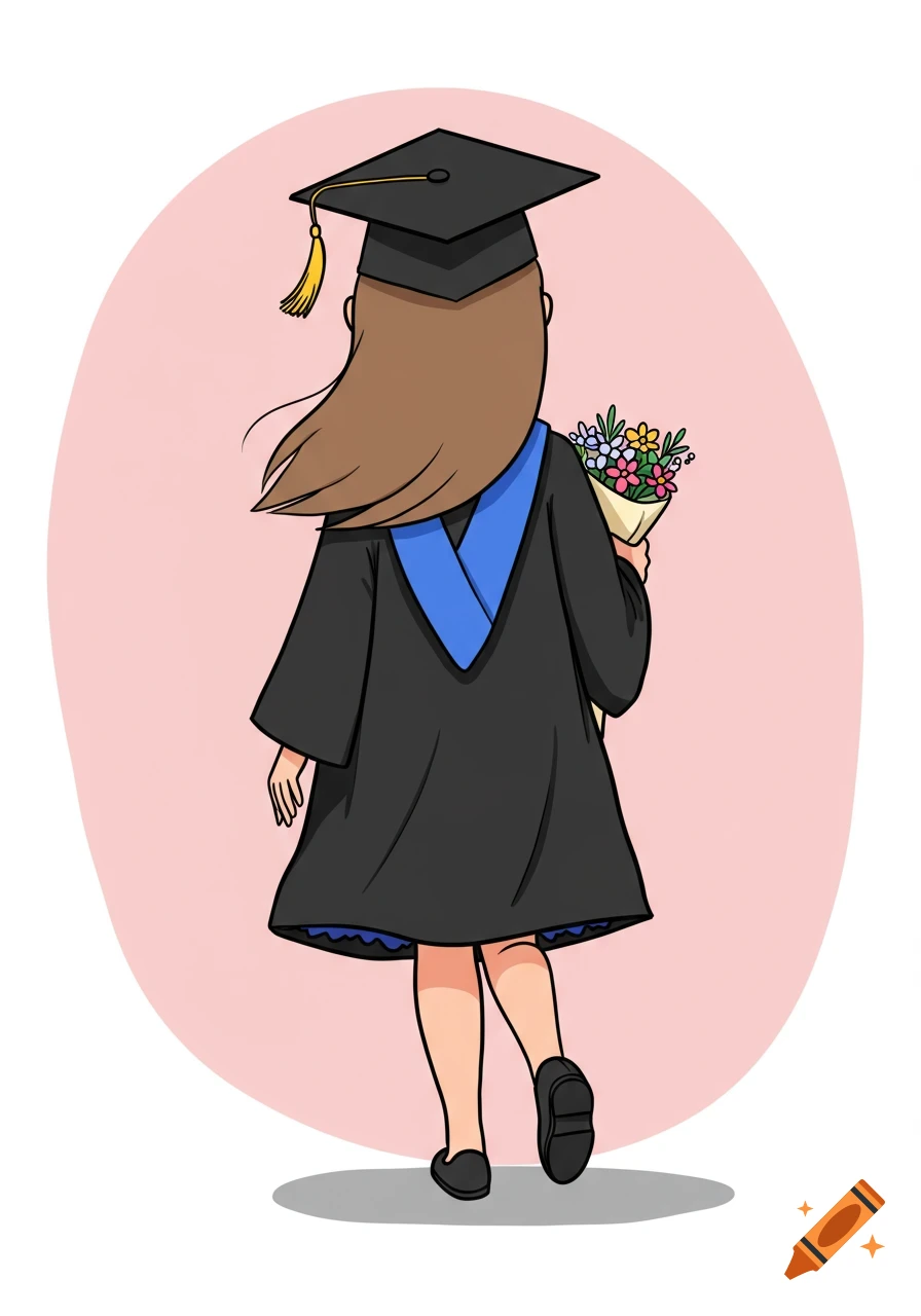 A cartoon graduation girl with light brown hair, wearing a black gown and cap, walking away while holding a bouquet of flowers.