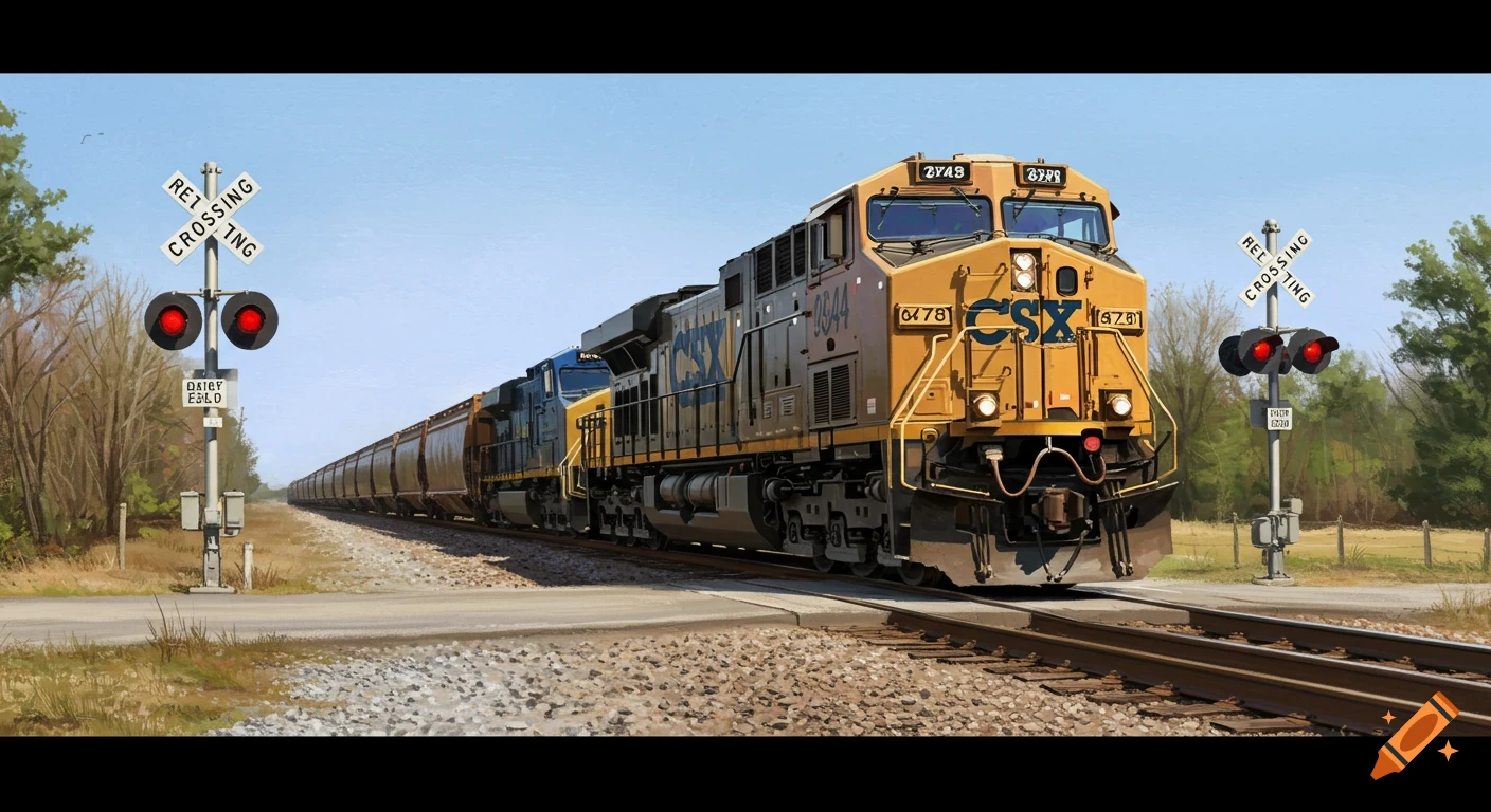 A photorealistic painting of a yellow and blue CSX train passing through a railroad crossing on a sunny day.