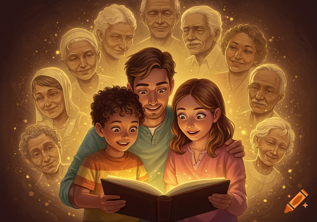 A father and two children look intently at a glowing book, surrounded by the ethereal, glowing faces of their ancestors.