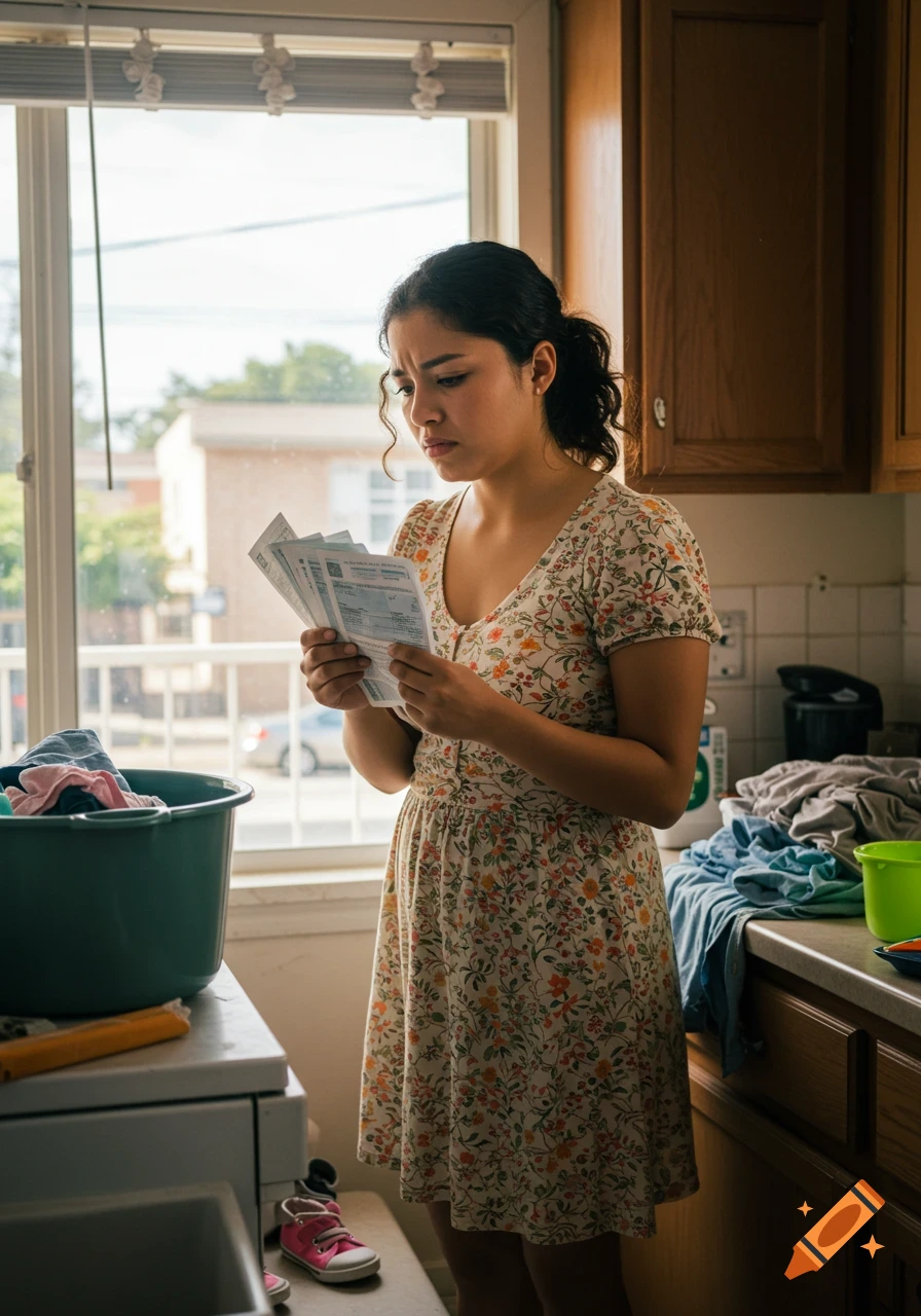 A young Latina woman in a floral dress looks distressed while holding papers in a kitchen with a laundry basket.