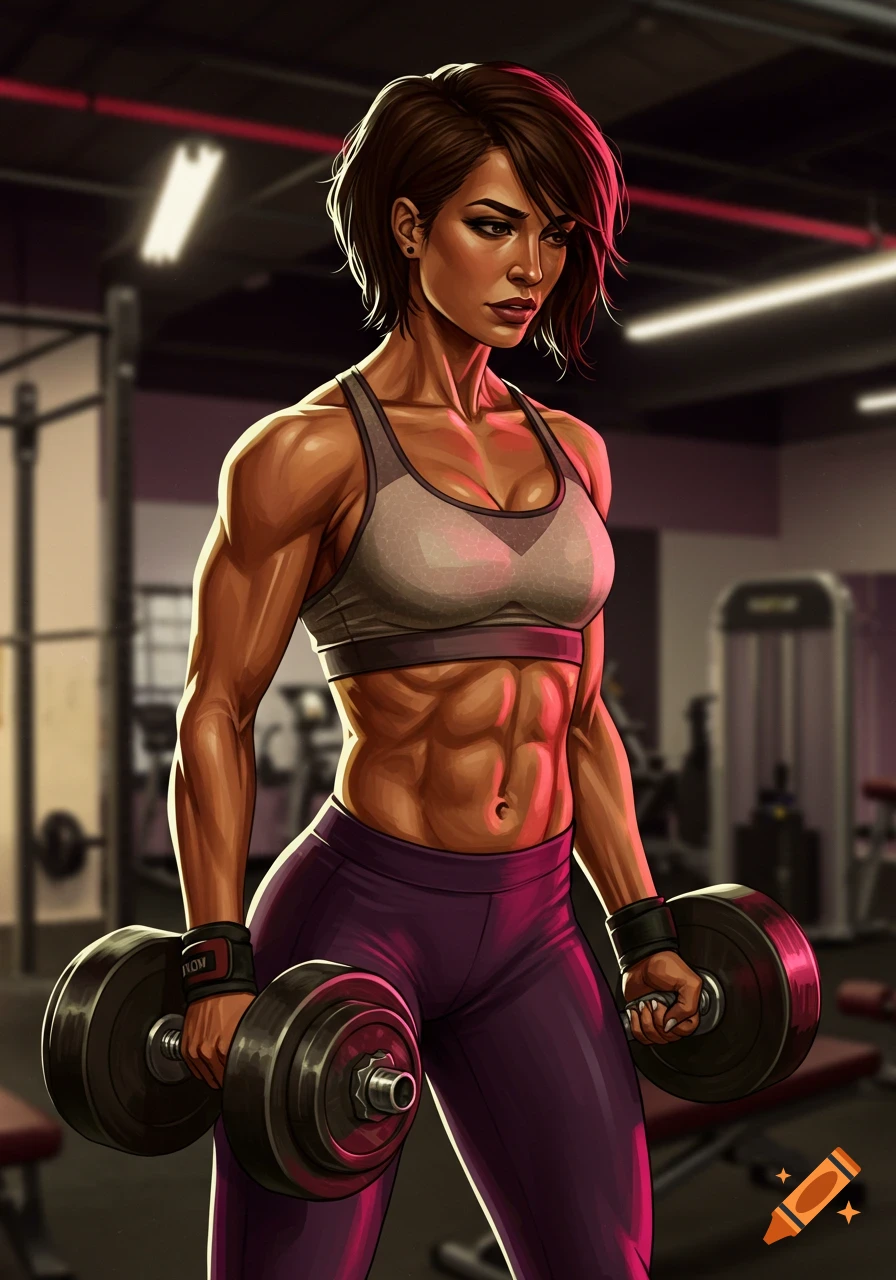 A strong, muscular woman in a sports bra and leggings holds dumbbells in a gym, rendered in a detailed, illustrative style.
