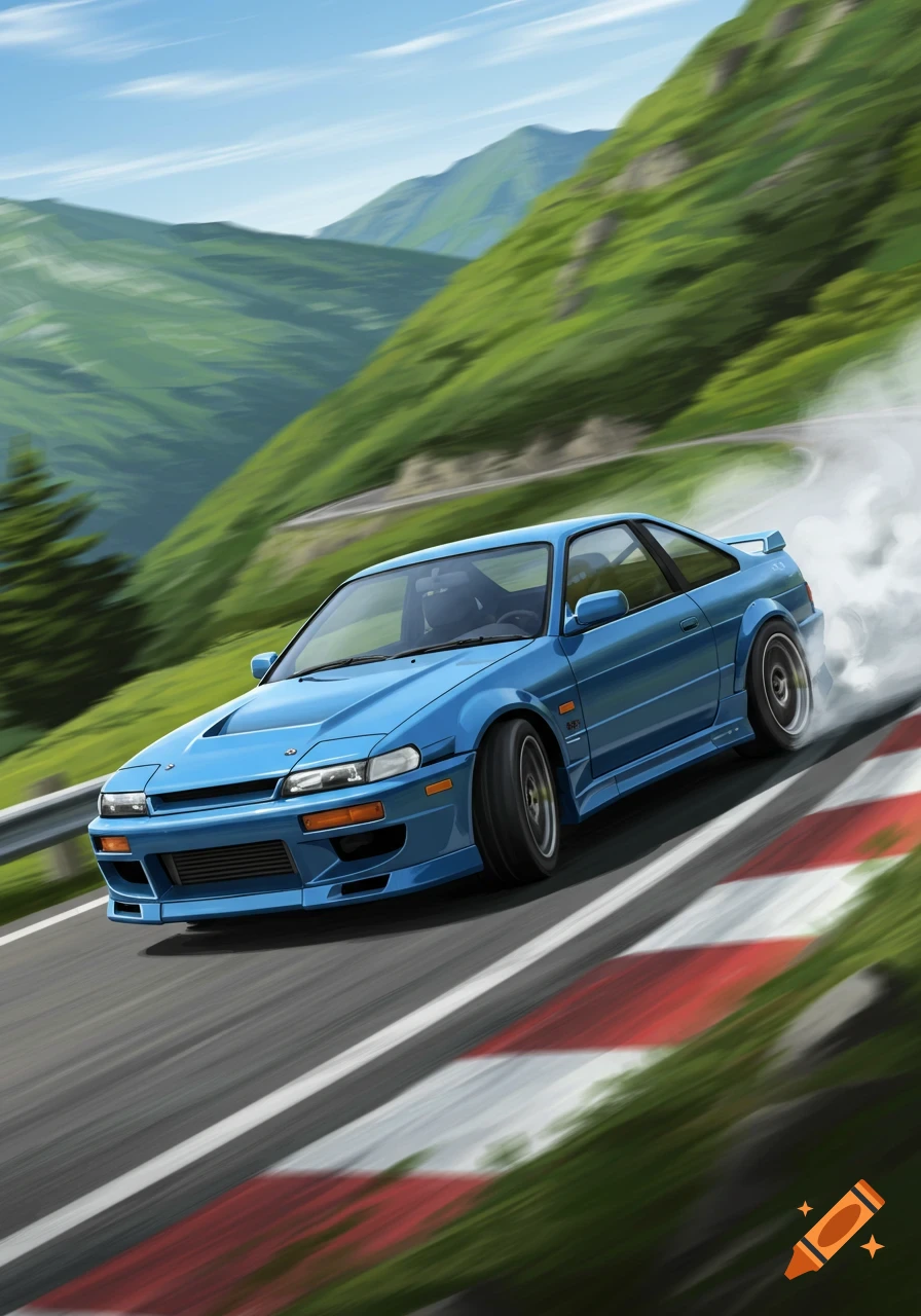 A blue stylized car drifts around a bend on a winding mountain road with green hills and a blue sky.