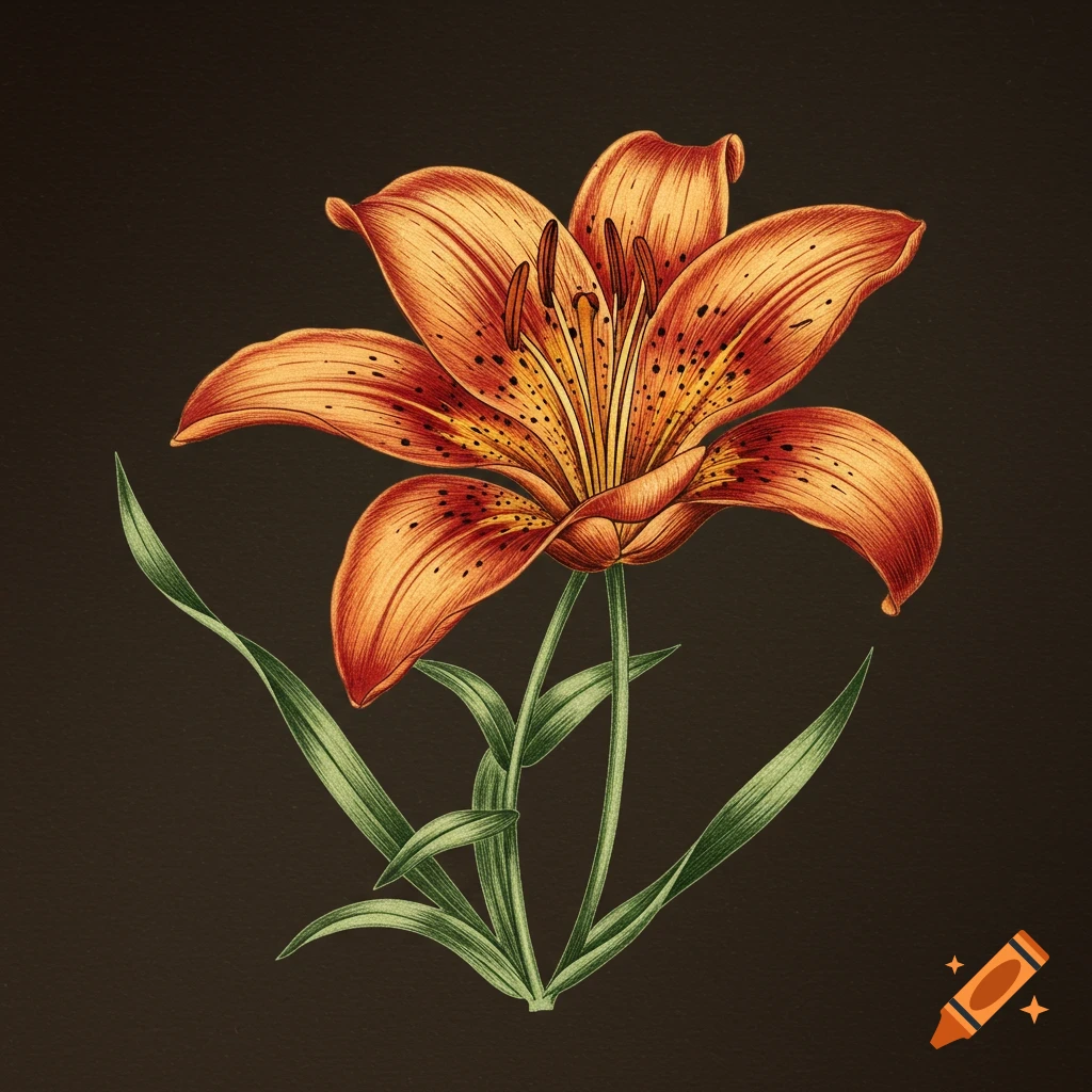 An intricate engraving of a tiger lily with orange petals and green leaves on a dark background.