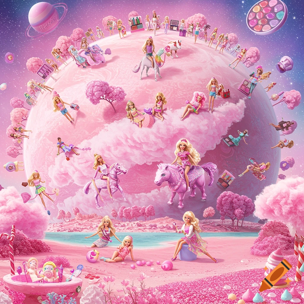 A vibrant, highly detailed scene of numerous Barbie dolls on a pink planet with cherry blossom trees, a pink sky, and candy elements.