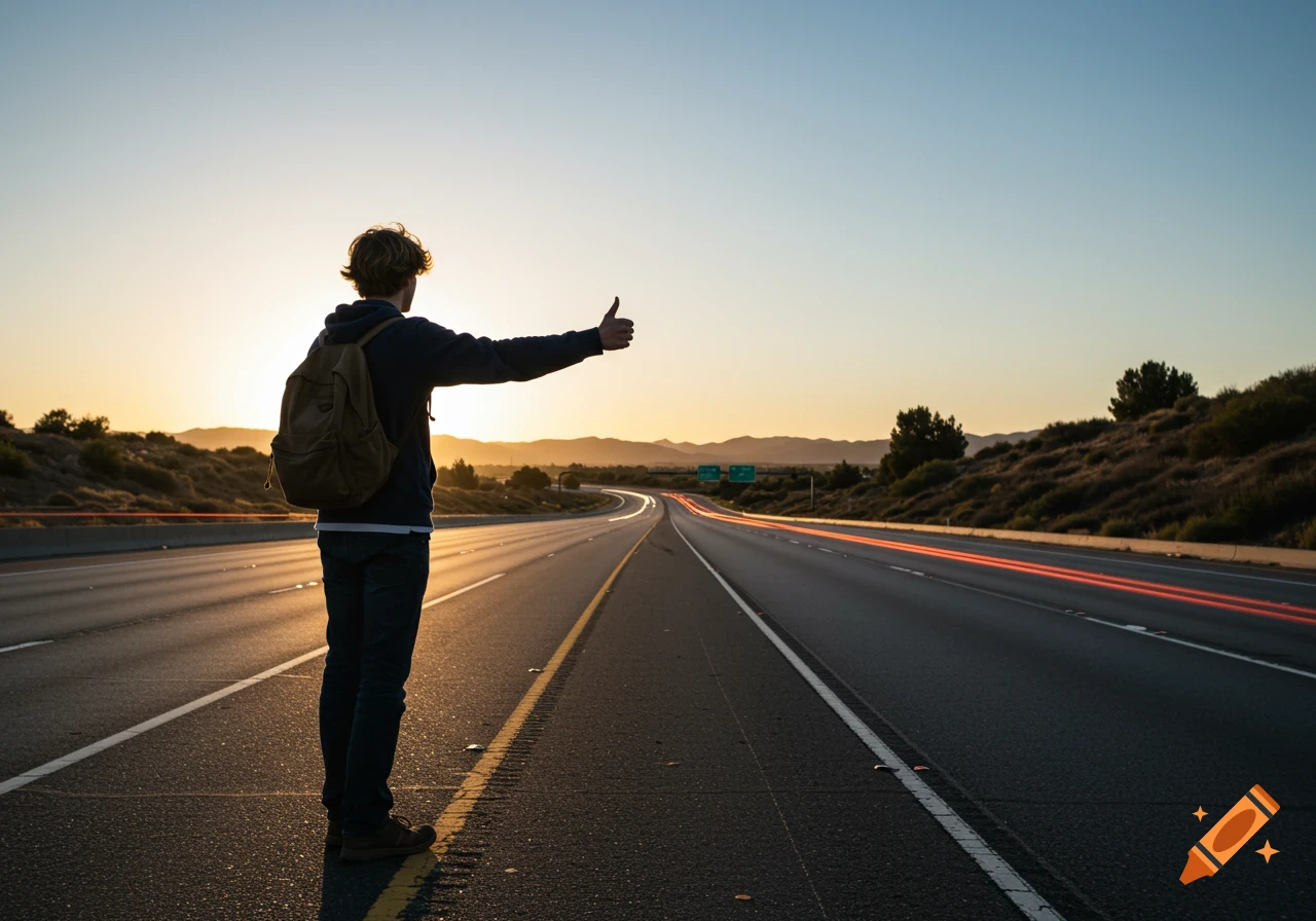 A man with a backpack stands on the shoulder of a freeway, thumb out, hitchhiking at sunset with light trails from cars.