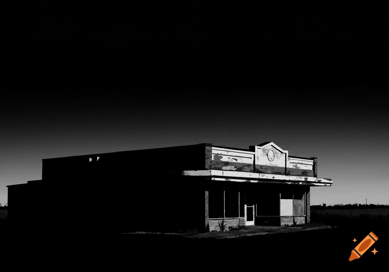 Black and white, high-contrast silhouette of an abandoned storefront against a dark sky.